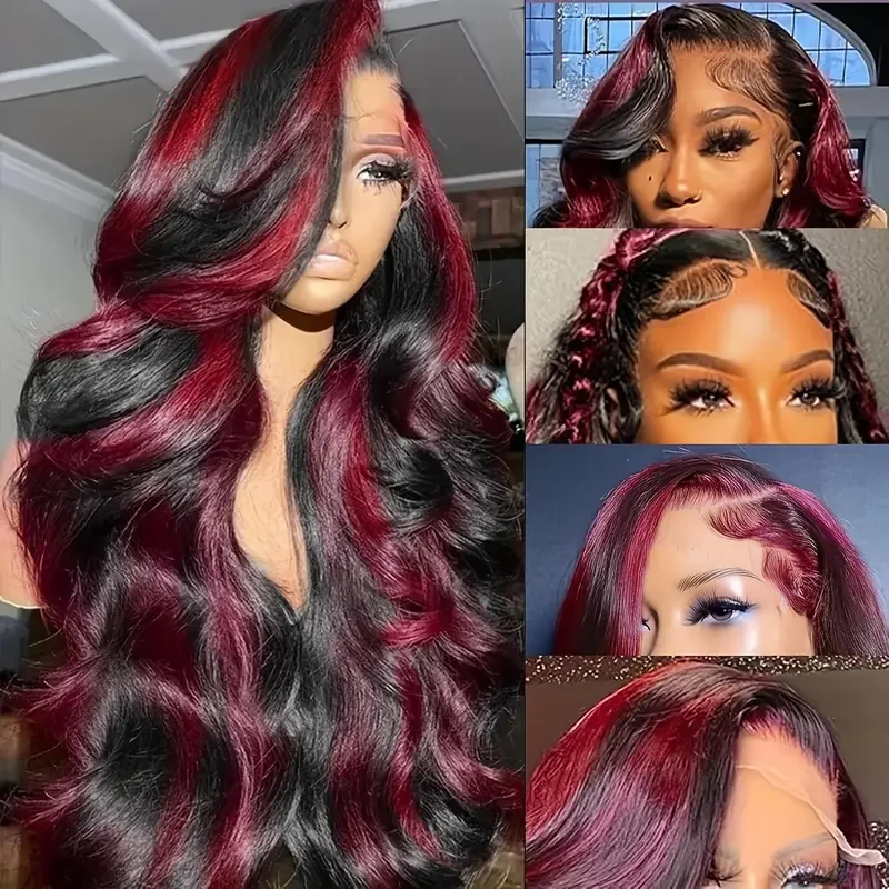 1B/99J Omber Black With Red Highlight Lace Front Closure Body Wave Glueless Wigs 5x5 Human Hair Brazilian Burgundy Colored Wigs