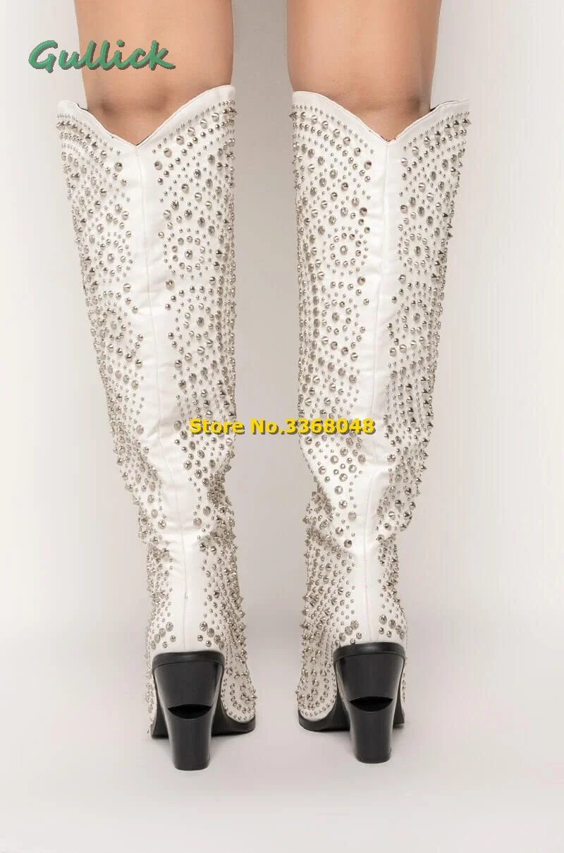 Boot Studded Pointy Toe Block West Chunky Cowboy  Heel Knee High Crystal Handmade Winter Boots White Slip On Women Fashion Shoes