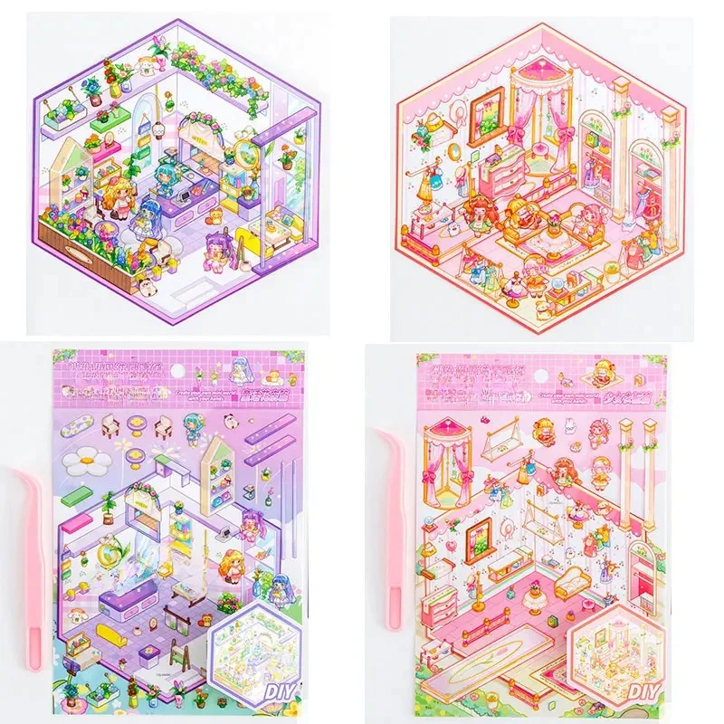 Autocollant 3D + pince à épiler, dessin animé de poche, scène de salle de princesse, empilage et collage, cadeau d'anniversaire de Festival pour enfant étudiant, DIY bricolage