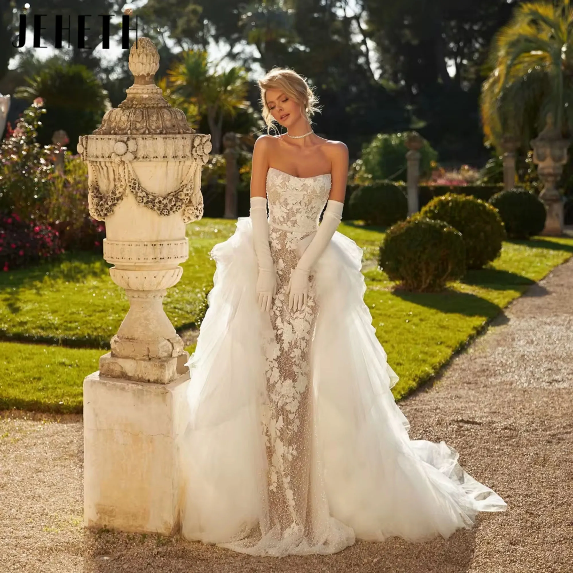

JEHETH Strapless Wedding Dress Detachable Train Mermaid Bride Robe Embroidery Beads Appliques Bridal Gown Robe Customized