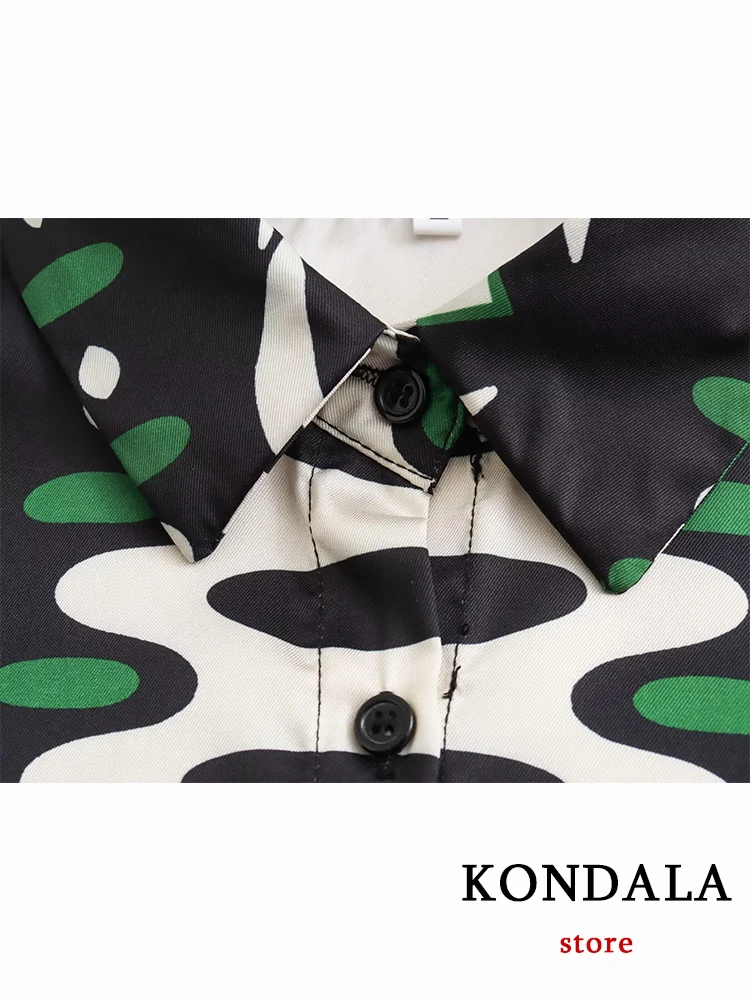 KONDALA Vintage Print Green Fashion 2023 Autumn Suit Single Breasted Pocket Loose Shirt Wide Leg Zipper Pants Women Holiday Set