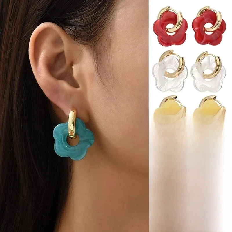 Multicolor Transparent Acryl Harz Marmorierung Blume Tropfen Ohrringe für Frauen Gold Farbe Metall