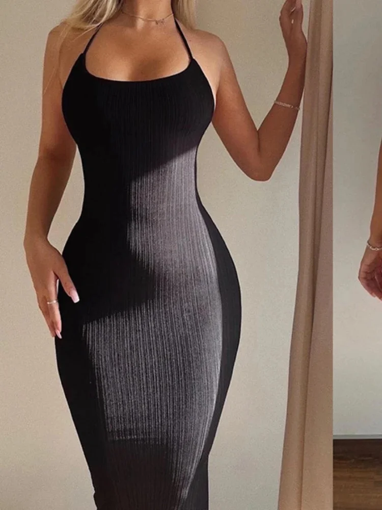 Robe de soirée longue et sexy pour femmes, avec dos nu, bretelles spaghetti, couleur unie, idéale pour sortir en boîte de nuit