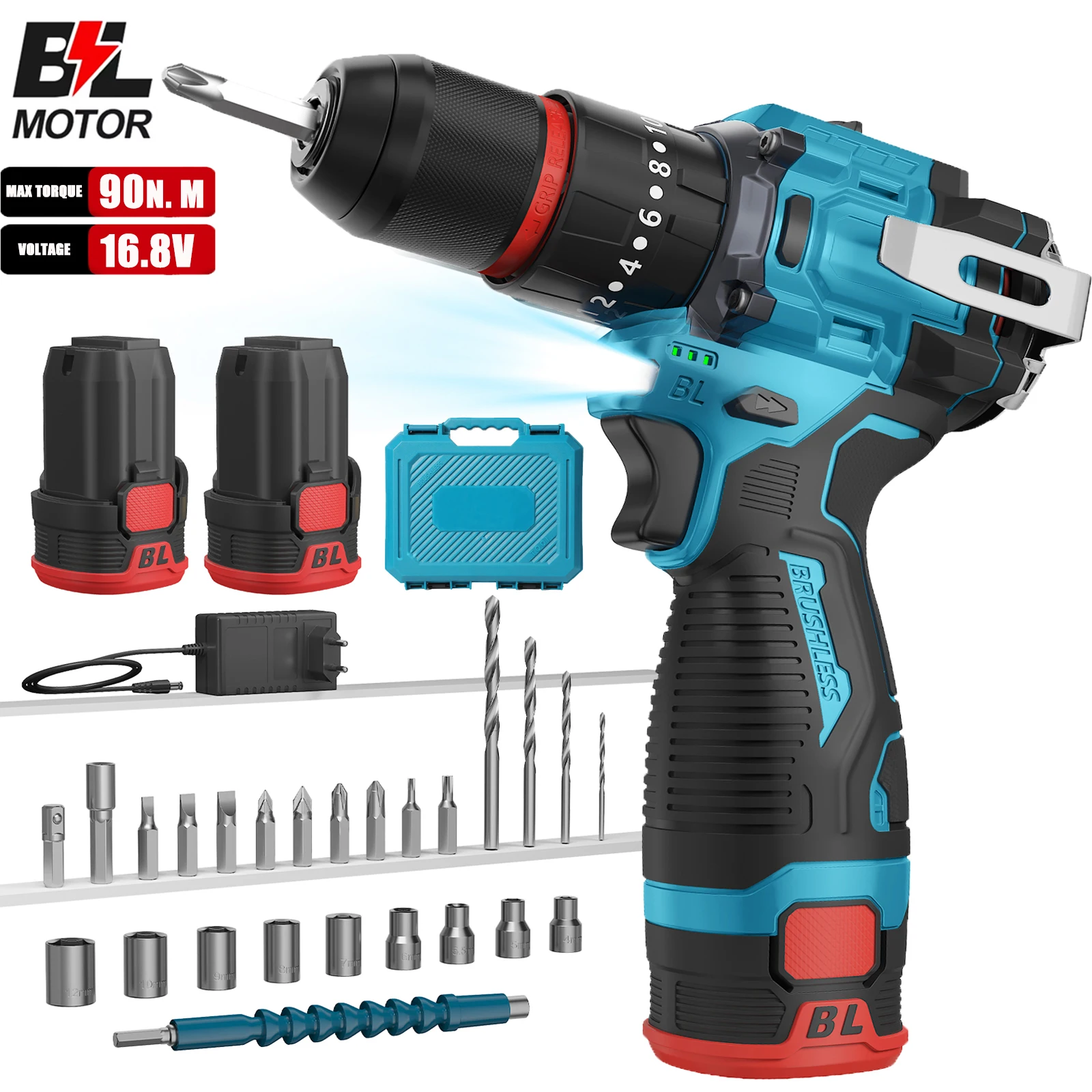 Trapano elettrico a batteria con motore brushless da 16,8 V, avvitatore elettrico, trapano a percussione senza fili da 90 N.M, per lavori di falegnameria, trapano e avvitatore per uso domestico,