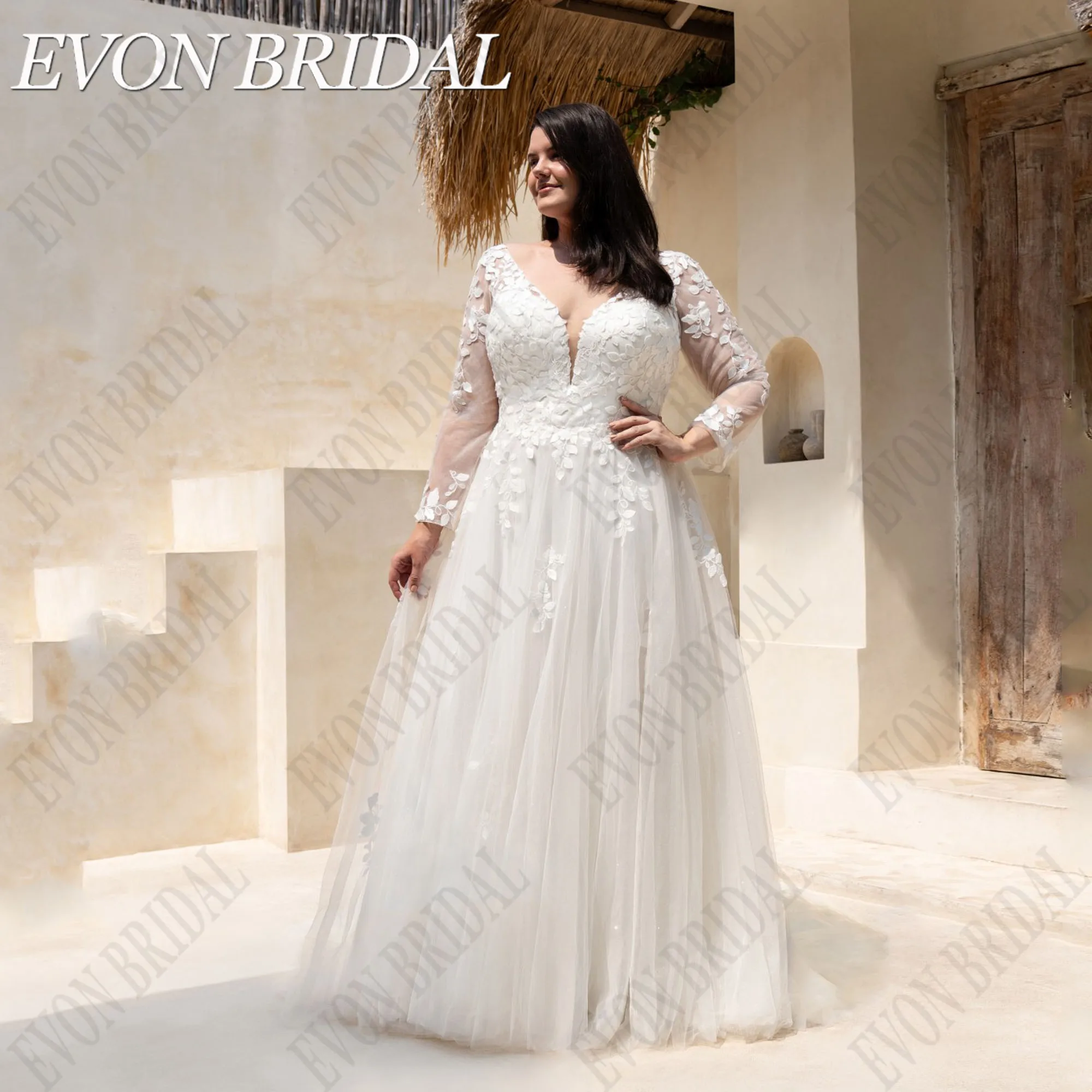 

EVON BRIDAL Elegant V-Neck Wedding Dress Long Sleeves Applique A-Line Bride Gowns Vestidos De Novia Tulle Plus Size Custom