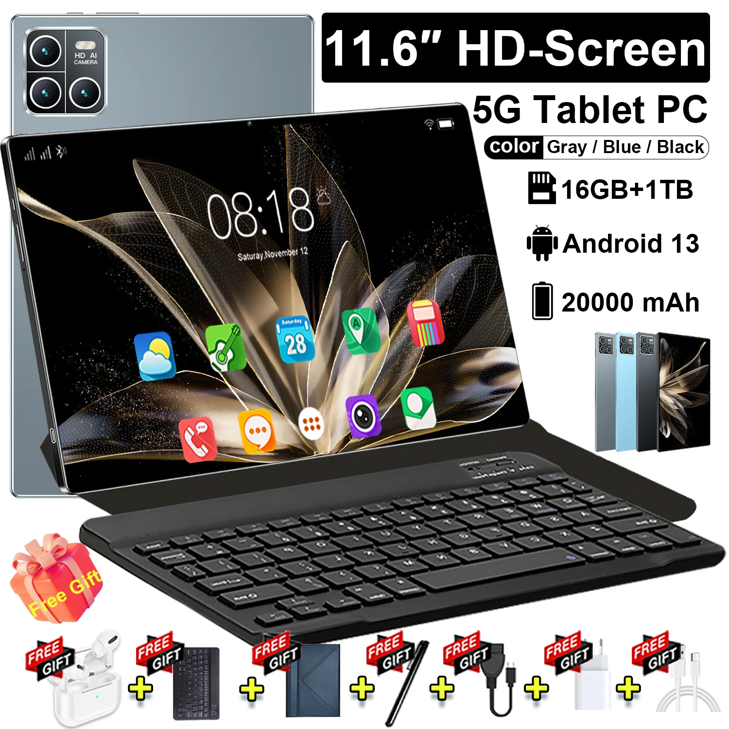 Tablette PC 5G Android 2024, 11.6 pouces, 20000mAh, 16 Go de RAM, 1 To, Wi-Fi, 14 cœurs, réseau, Global Pad, tout neuf, Dean, 13.0