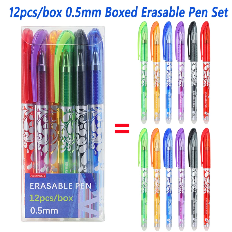 

12Pcs/1Box Creative Boxed Erasable Gel Pens, 0.5mm Washable Handle Magic Refills Rod Stationery School Office Writing Supplies