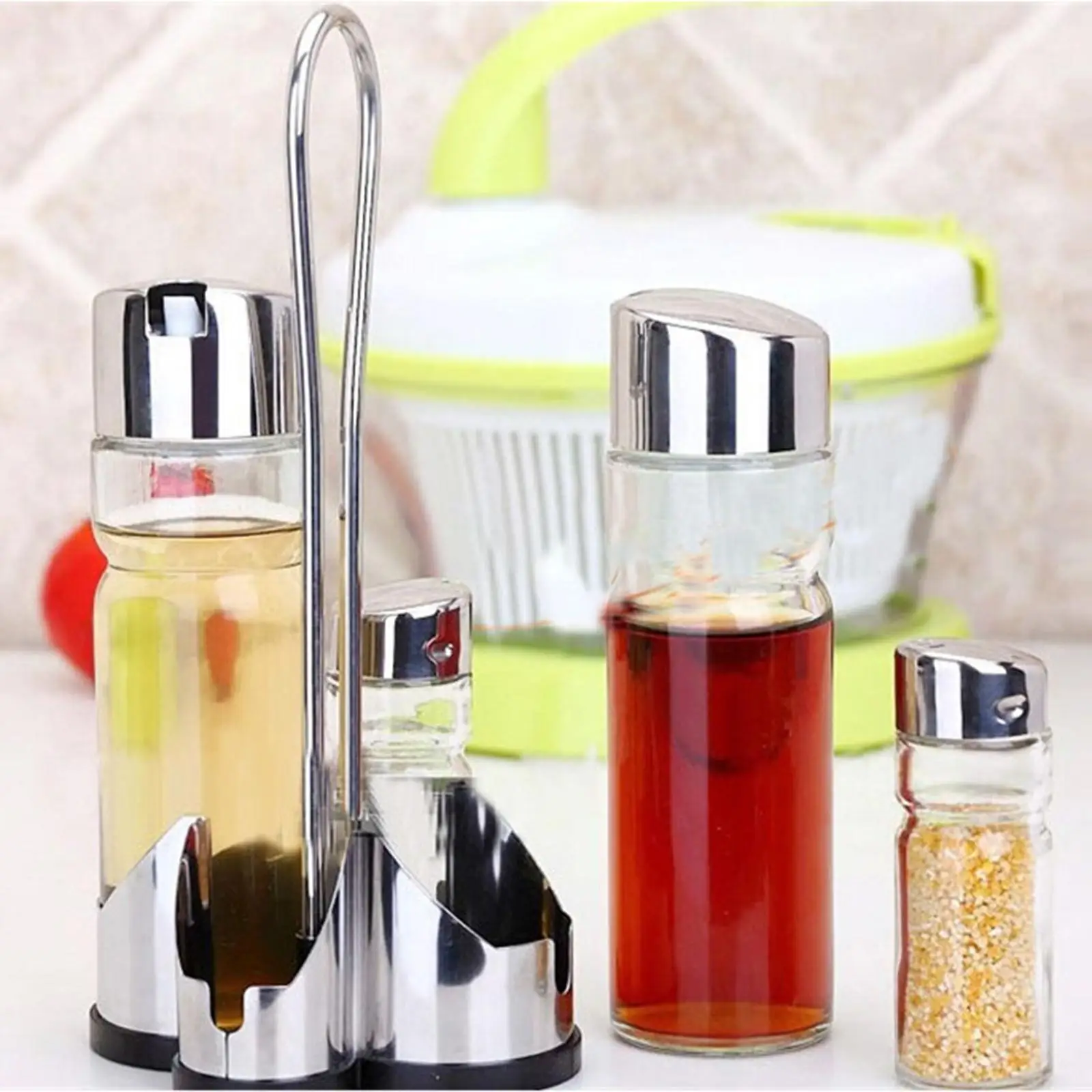 

Oil and Vinegar Set Multifunctional Glass Container with Stand Salt Can Home Cooking Pepper BBQ Oil Bottle Glass Spice Jars