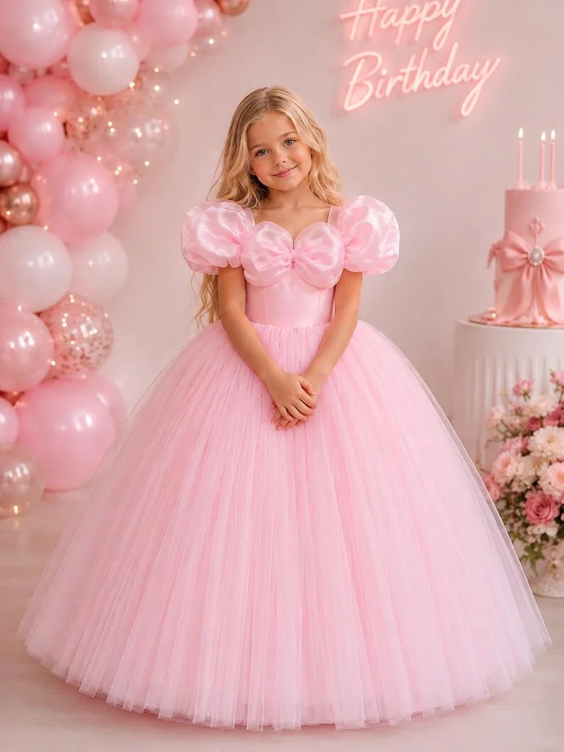 Customized Pink Flower Girl Dress For Wedding Ruffles Lovely Tulle Little Girl Birthday Party First Communion Ball Gown 2026