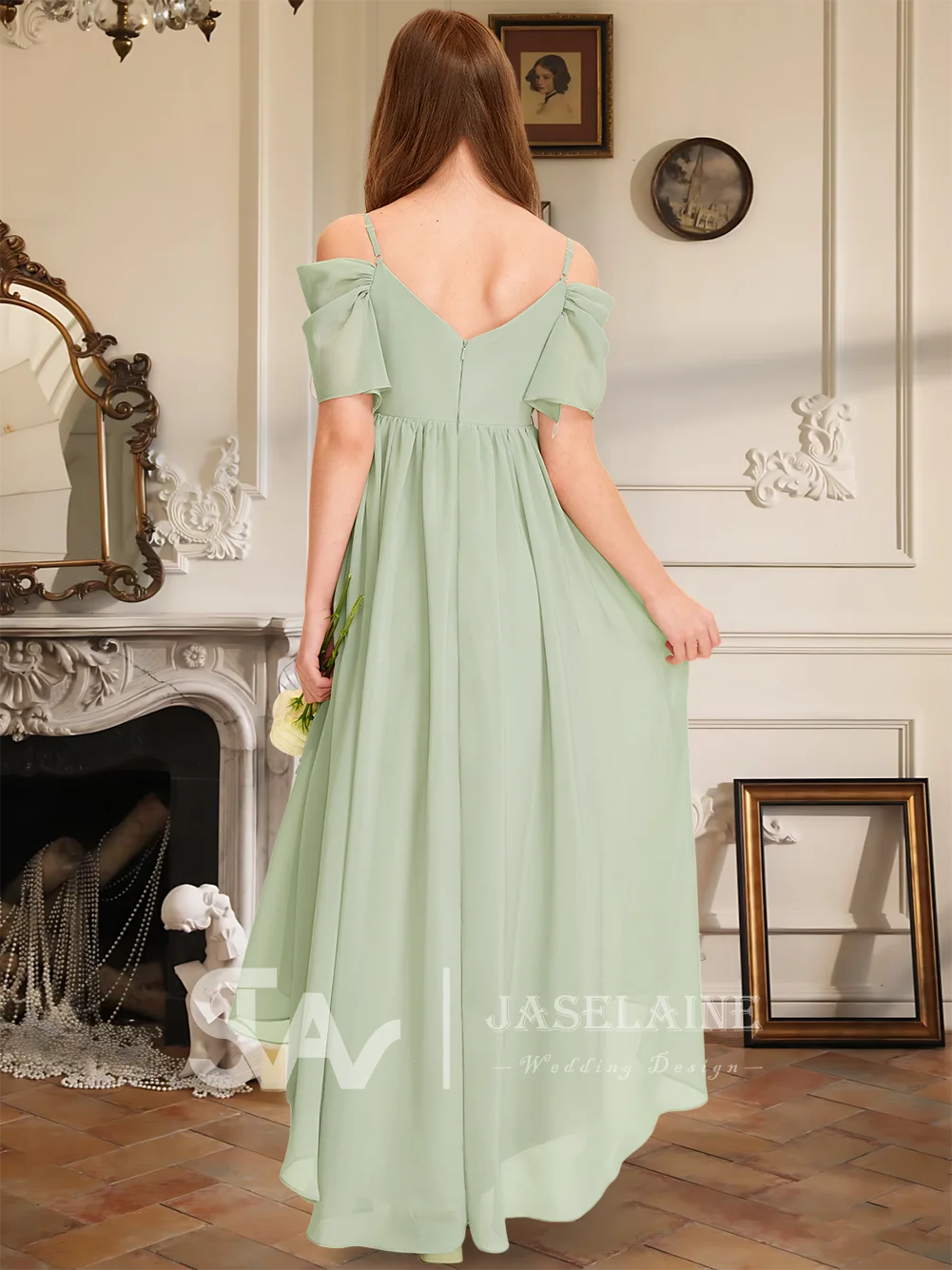 Асимметричное шифоновое платье трапециевидной формы с открытыми плечами для юных подружек невесты, праздничное платье с цветочным узором для девочек, детское свадебное торжественное платье для подростков с коротким рукавом