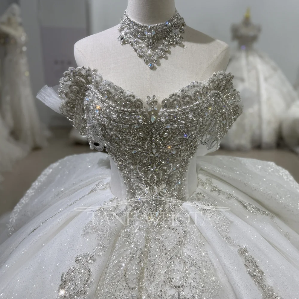 Luxury Rhinestone Women Wedding Gowns Beading Lace Off The Shoulder Ball Gown Vestido De Novias Iglesia With Necklace