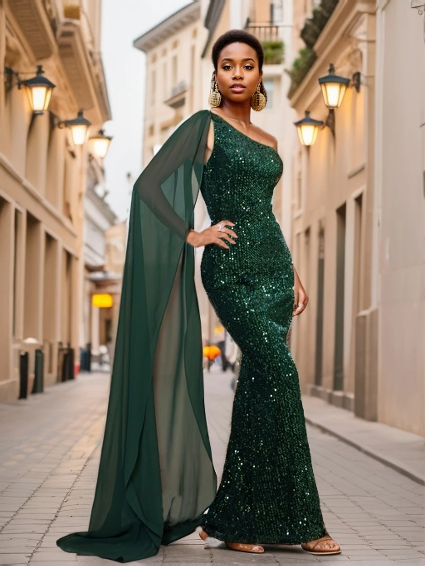 Romagic One Shoulder Sleeveles Sequin Wedding Prom Dress Green Long Shawl Elegant Cocktail Evening Party Dresses Summer Holidays