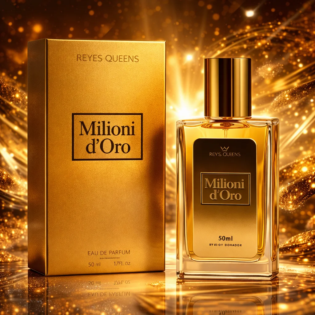 Reyes Queens - Million Gold 50 ml. Parfum féminin aux notes douces, agrumes et florales, associé à des accords chauds et une élégante base boisée.