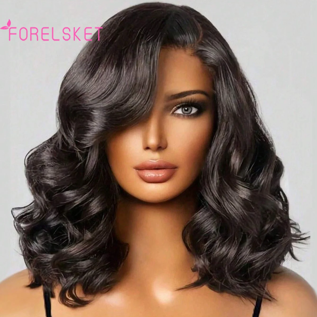 

FORELSKET Natural Color Body Wave 100% Human Hair Bob Wig, 13*4*1 Front Lace Women's Wig 180% Density Side Lace Front Wig Bob