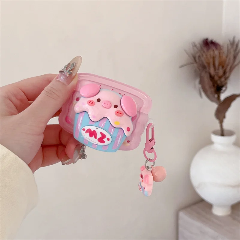 Pink 3D Piglet Cute Ear Case for Apple Airpods 4 3 2 1 Pro Transparent Silicone Strap Kawaii Pendant