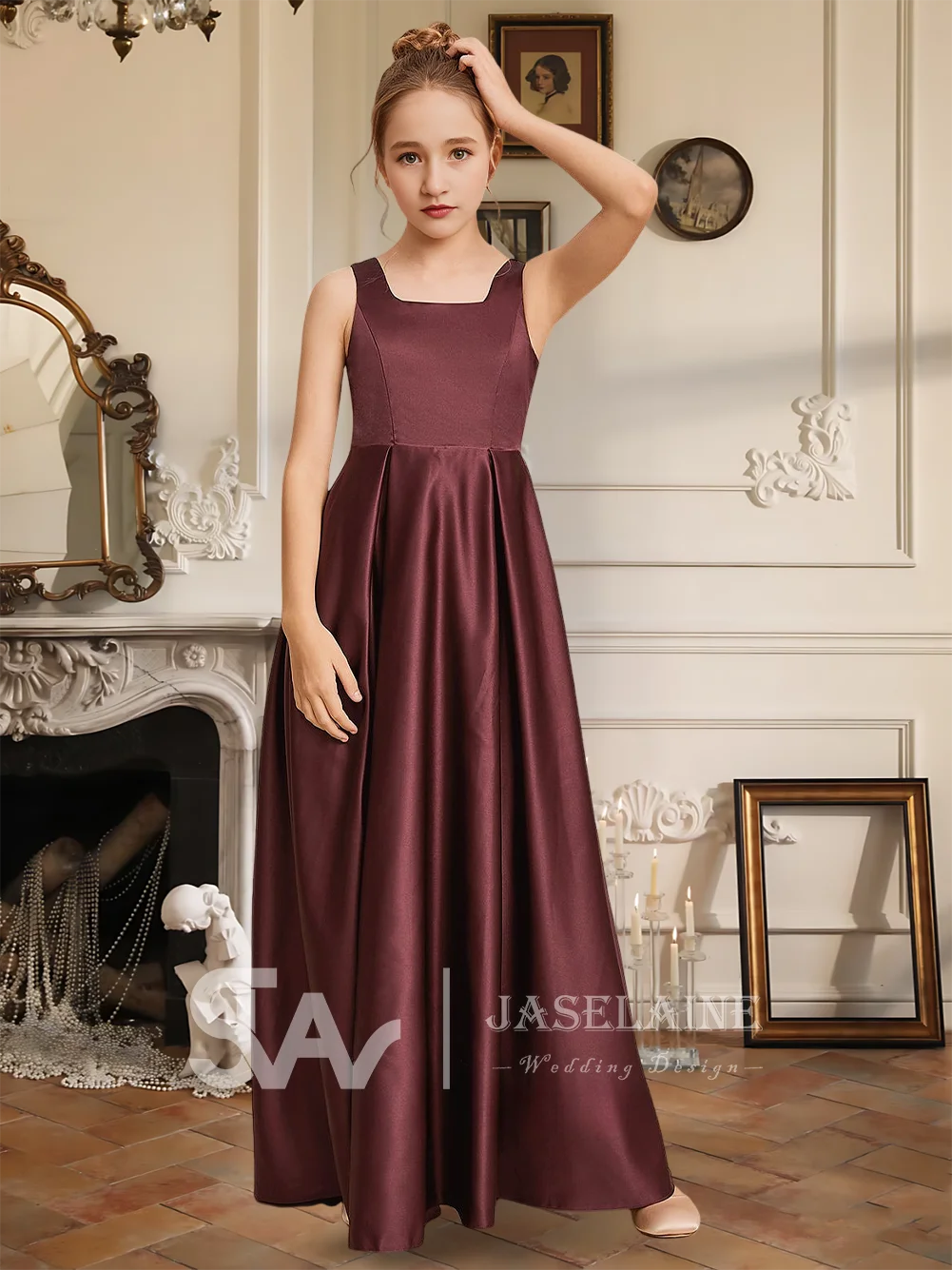 

FDG Child A-Line Square Floor-Length Satin Junior Bridesmaid Dress Flower Girl Dress Girls Party Wedding Formal Special Occasion