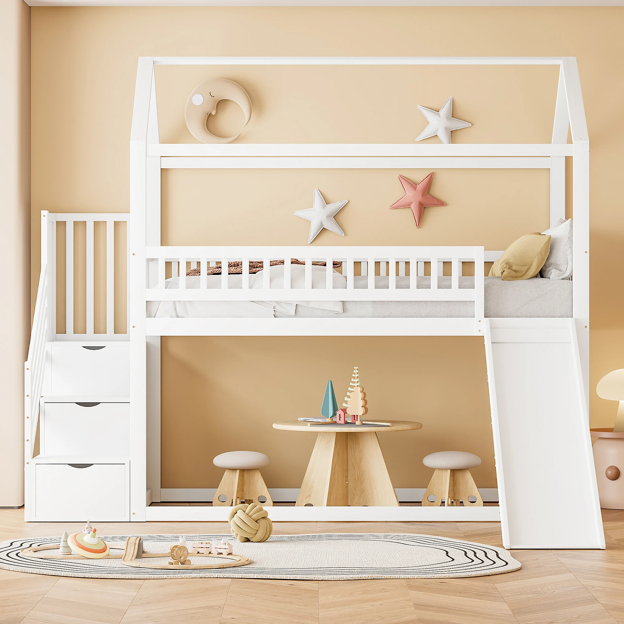 Afbeelding 5: Kinderstapelbed 90*200 cm hoog bed met glijbaan en opbergladder hoge omheining constructie massief houten bedframe met lattenbodem