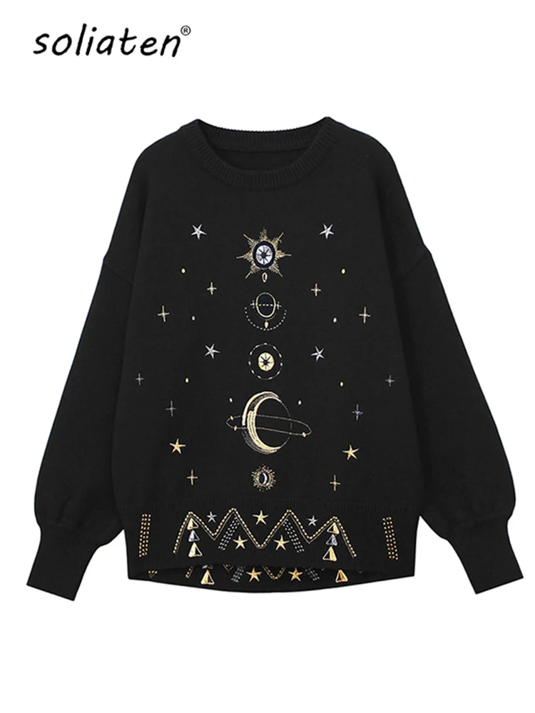 Design Starry Sky Embroidery Sweater High-End 2025 New Autumn Winter Loose Jumper Women Sweater Pullover Knit Top Runway C-055