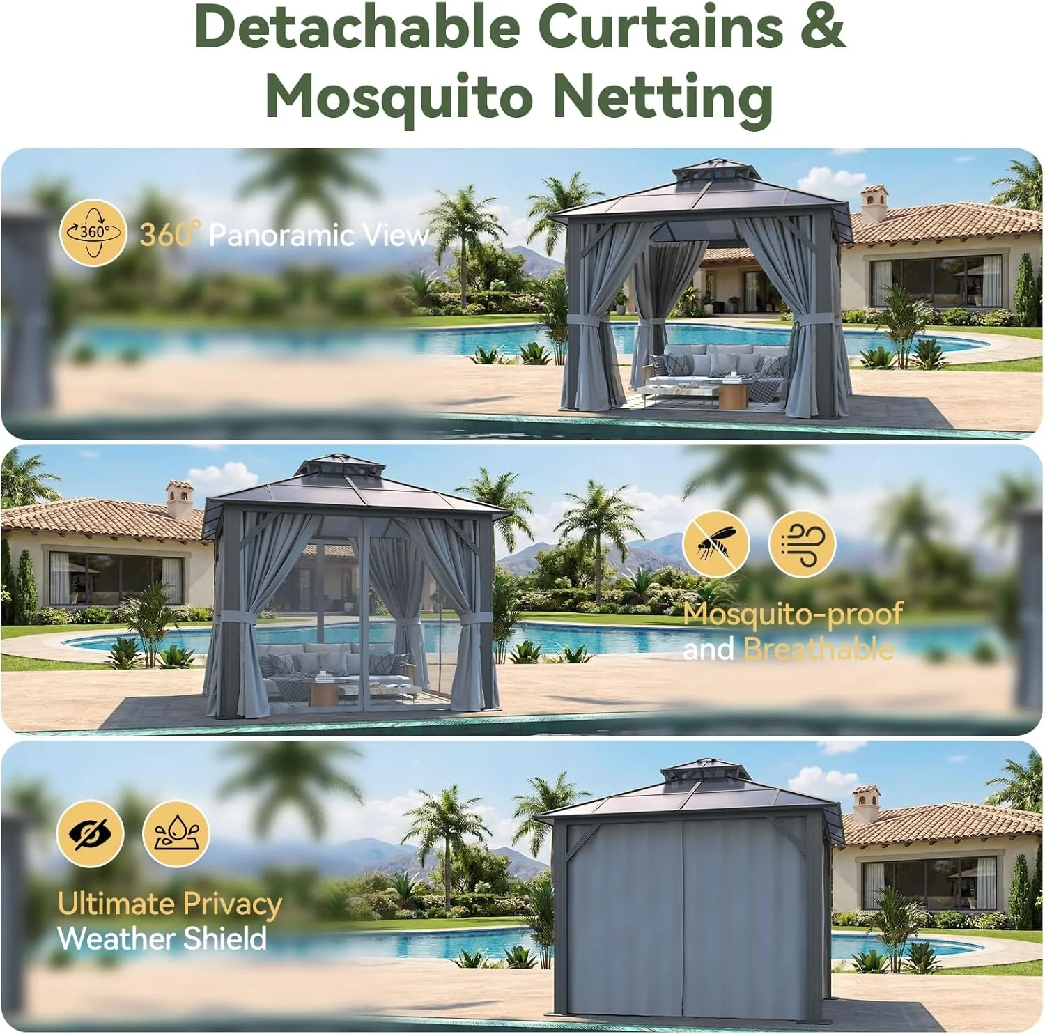 Nordivale 10x10FT Hardtop Gazebo Polycarbonate Double Top Aluminum Frame with Curtains and Netting Outdoor Sunshade Canopy for Patio Garden Backyard Gray view 2