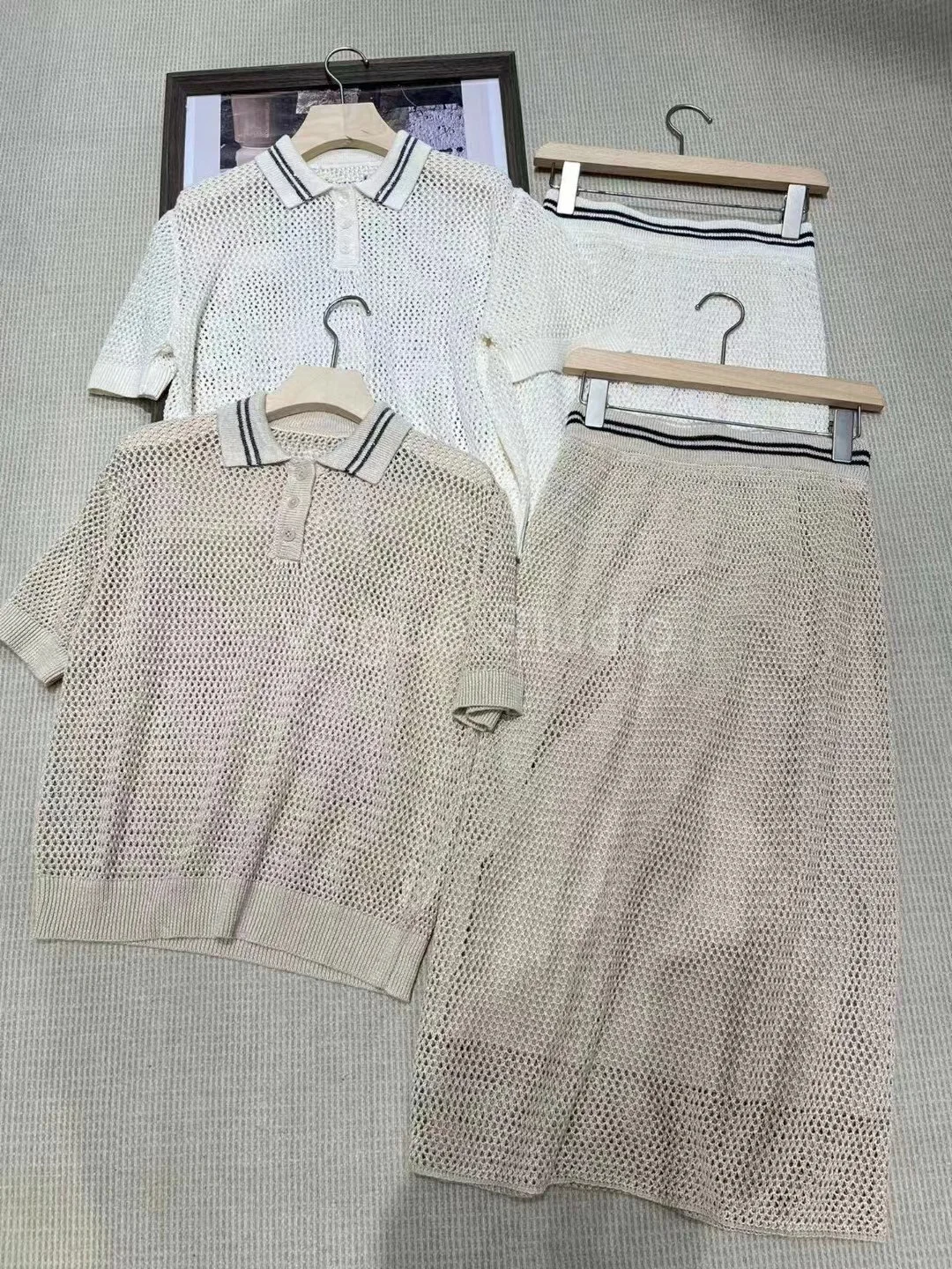 2023 Summer Collection Casual Linen Knitted Beaded Two Piece Polo Collar Set