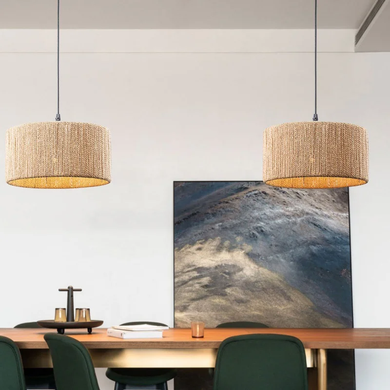 American Country-Style Farmhouse Living Room Kitchen Bedroom Small Round Pendant Light Rattan Hemp Rope Woven Lighting Fixtures
