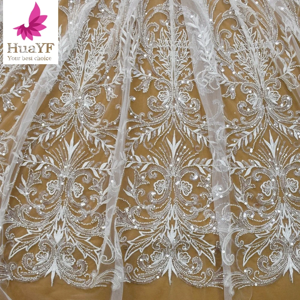 

1 Yard High Quality French Tulle Lace Beads With Sequins Mix Embroidery Fabric For Wedding Dress HY1787-3