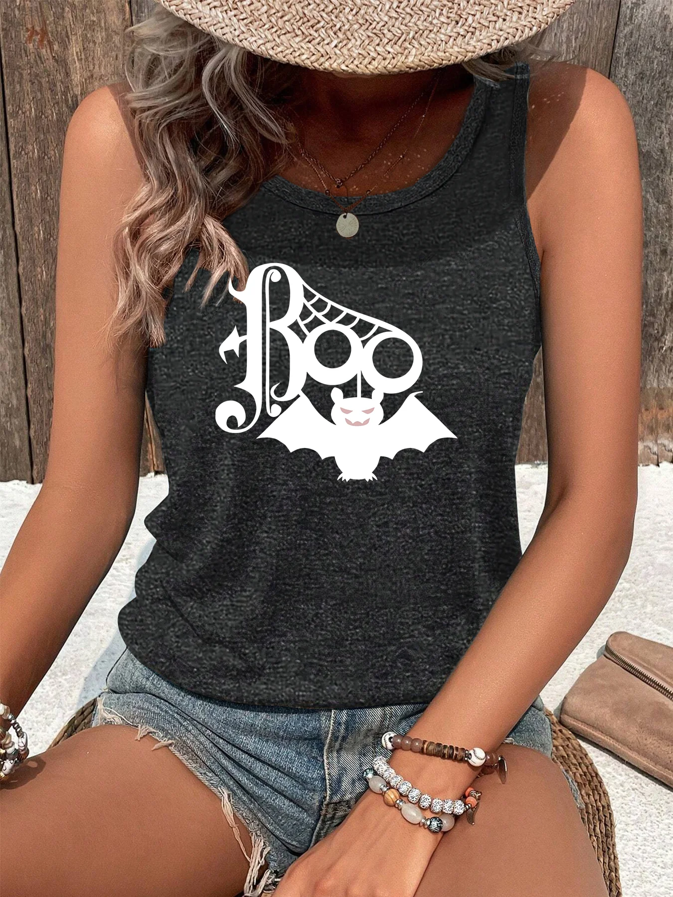 Summer Beach Wear Boo Bat Spider Fashion Funny Sports Women's Tank Top Loose O Neck Sleeveless Casual Tank