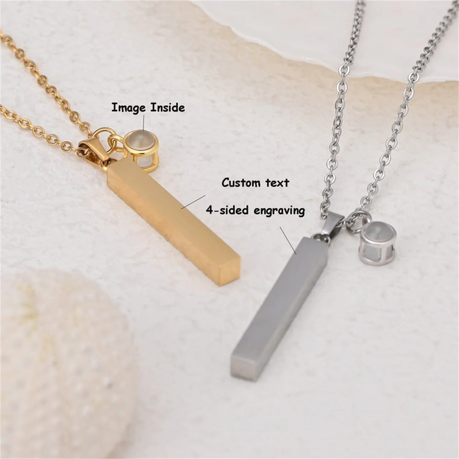 Four Sides Engraving Personalized Square Bar Custom Name Pendant Customized Projection Photo Necklace Jewelry Gift For Family