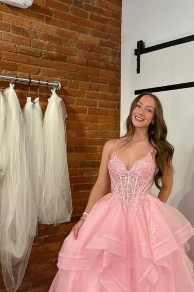 Jessica Pink Spaghetti Strap Evening Dresses Fluffy Embroidered Tulle Prom Dresses Princess Formal Occasions Party Dresses