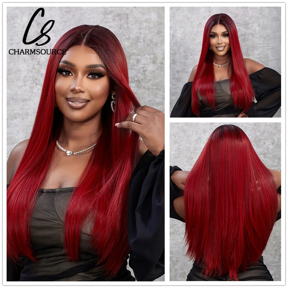 

CharmSource Lace Front Wig Long Straight Ombre Red Wigs with Dark Root for Women Daily Party Cosplay Wedding High Density