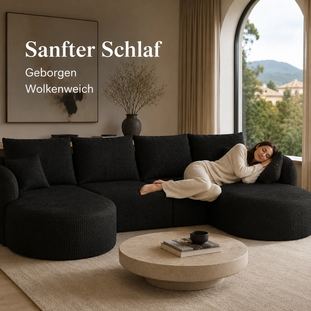 U-förmiges 6-Sitzer Ecksofa mit 336 cm Breite Boneless Modular Sofa aus weichem Cordstoff komprimierte Schaumstoffpolsterung ohne Montage für Wohnzimmer Schlafzimmer Apartment Schwarz