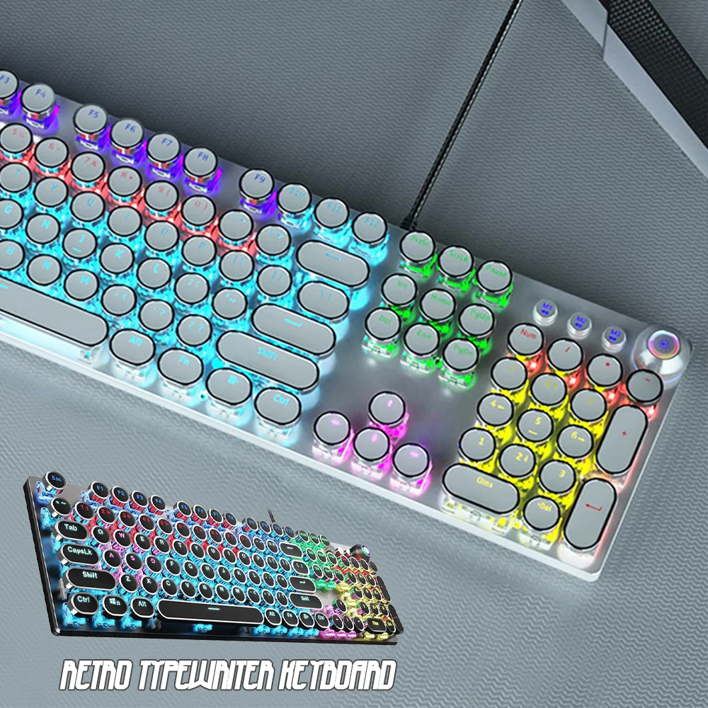 

Retro Typewriter Keyboard Mechanical Gaming Blue Switch Media Control Knob Rainbow Backlit Punk Round Keycaps USB Wired Computer