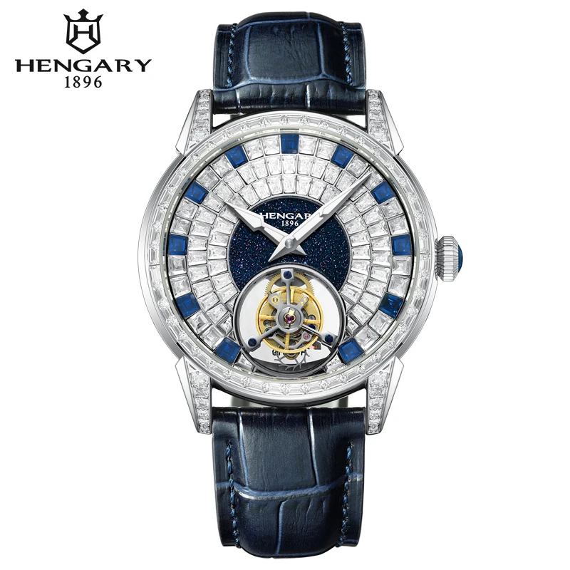 

HENGARY Luxury Sapphire Tourbillon Watch Automatic Movement Diamond set Watch Blue Calfskin Strap 50ATM 43mm Dial Zircon