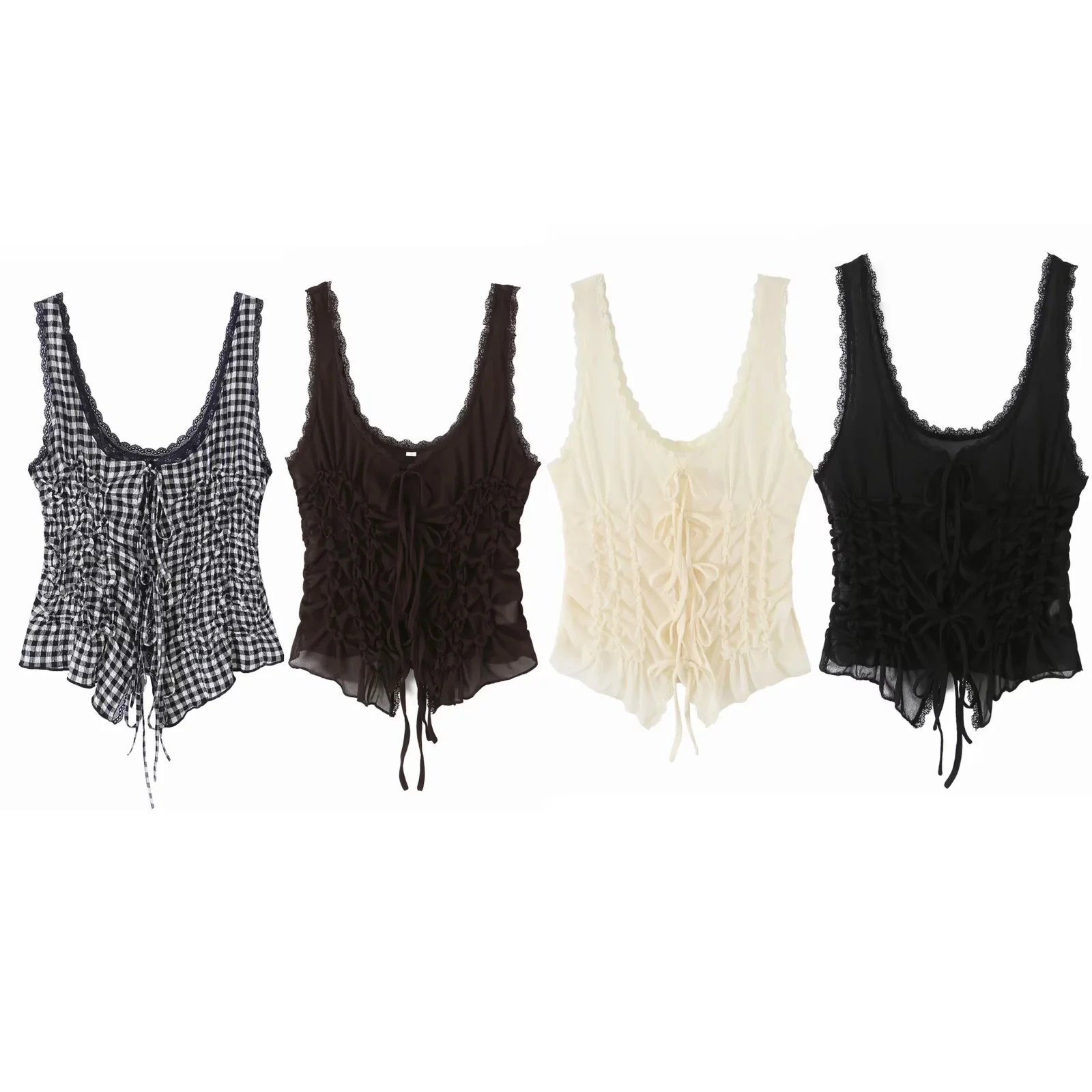 

Women Gingham Top Lace Trim Ruched Camisole Elegant Tie Front Corset Tank French Vintage Plaid Shirt Summer Y2K Blouse Top