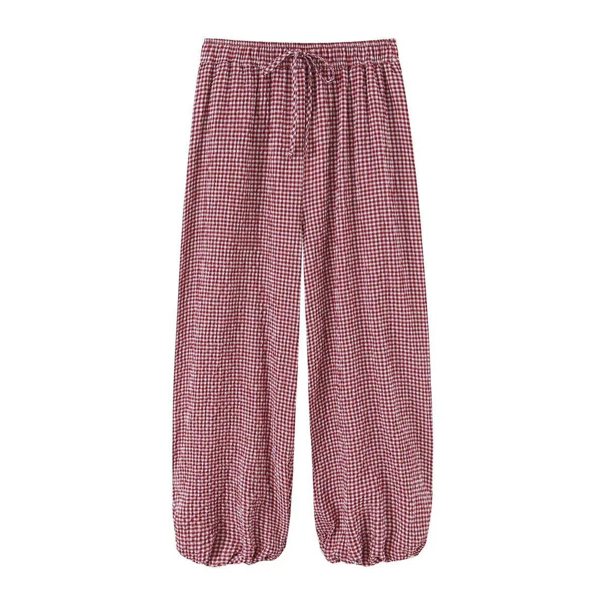 Women Gingham Pants Elastic High Waist Plaid Joggers Casual Lantern Trousers Elegant French Vintage Summer Cotton Check Pant
