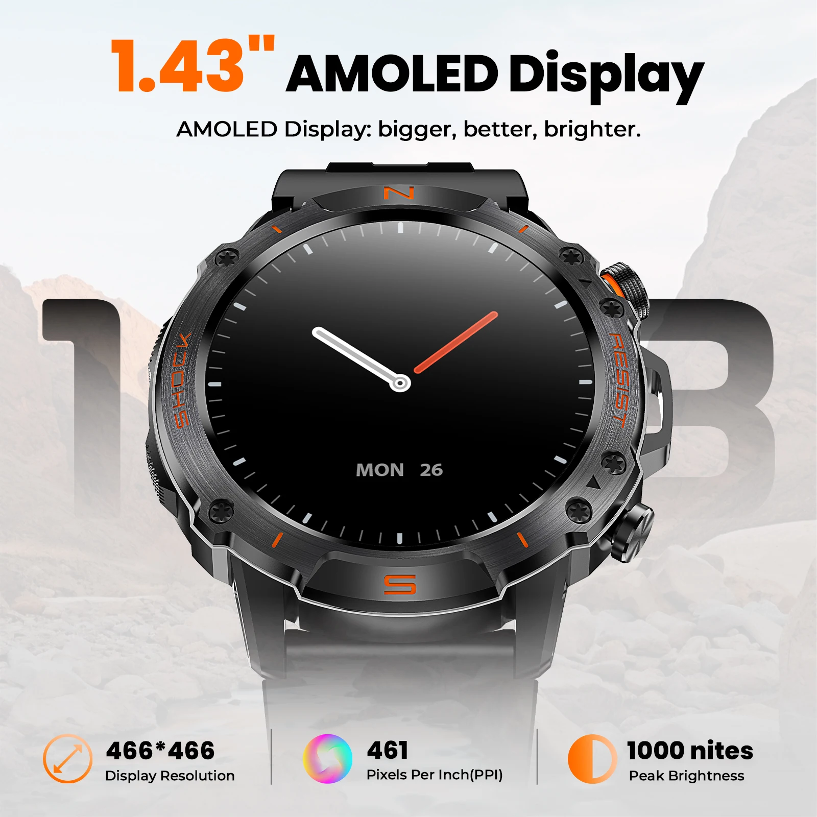 WalkerFit Smart Watch for Men, 1.43" Round AMOLED, 5ATM Waterproof for Swim,Heart Rate & Sleep Monitor,Long Battery for Android
