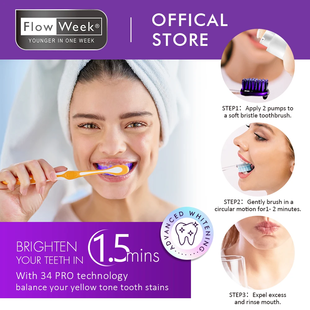 FlowWeek V34 Purple Toothpaste, Teeth Whitening V34, White Teeth, White Toothpaste, Bleach Teeth, Remove Cigarette Coffee Stains