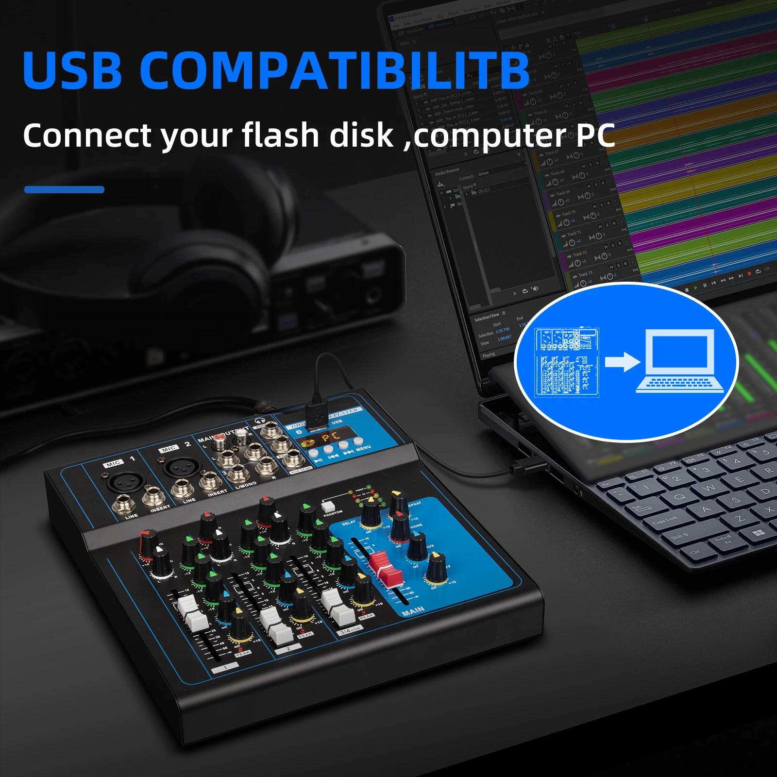 جهاز مزج الصوت الاحترافي Depusheng FD4 مع 4 قنوات وحدة تحكم خلط DJ المحمولة مع واجهة USB للأداء