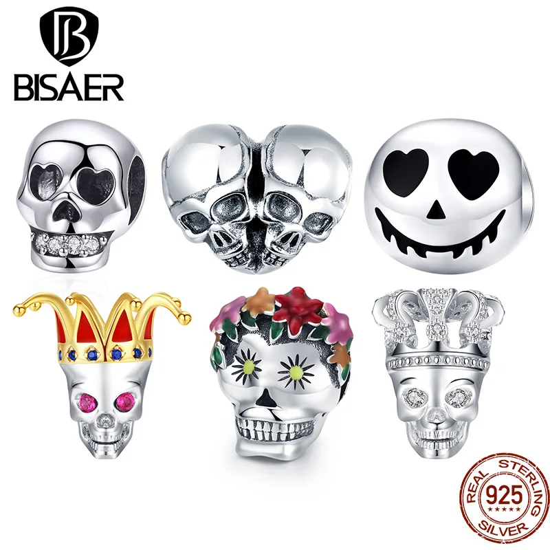 

BISAER 925 Sterling Silver Rock Skull Pendant Ghost Face Charm Bead Fit Bracelets & Necklace Halloween Party DIY Fine Jewelry