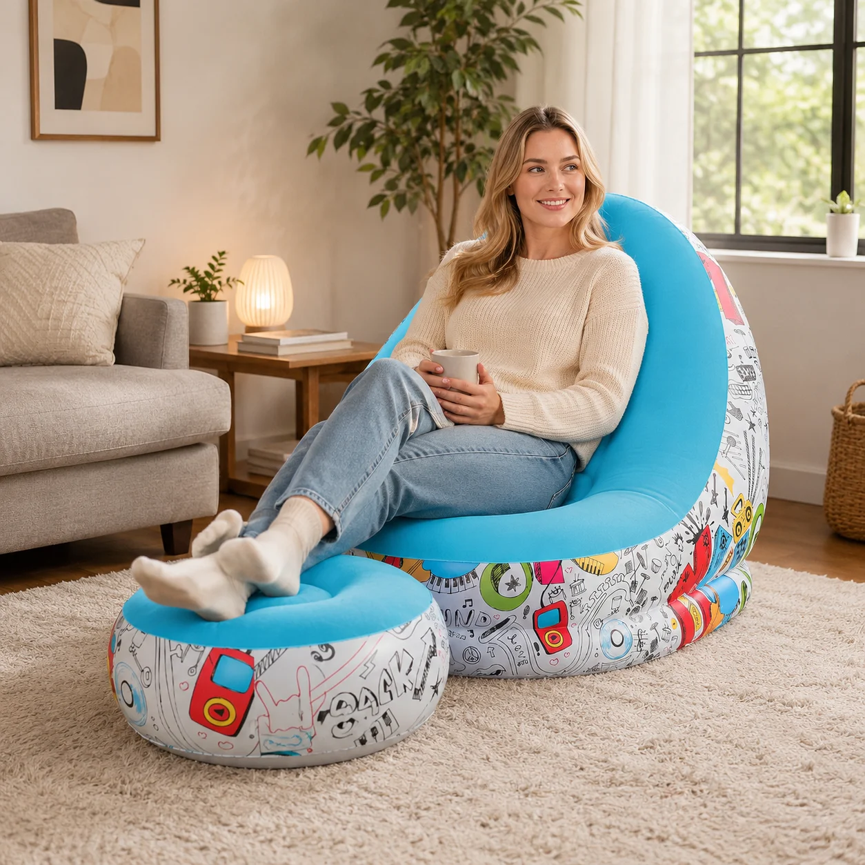1pc Inflatable Graffiti Lounge Chair with Ottoman, Portable Air Sofa Footrest Set for Bedroom Living Room Camping Adults image 3