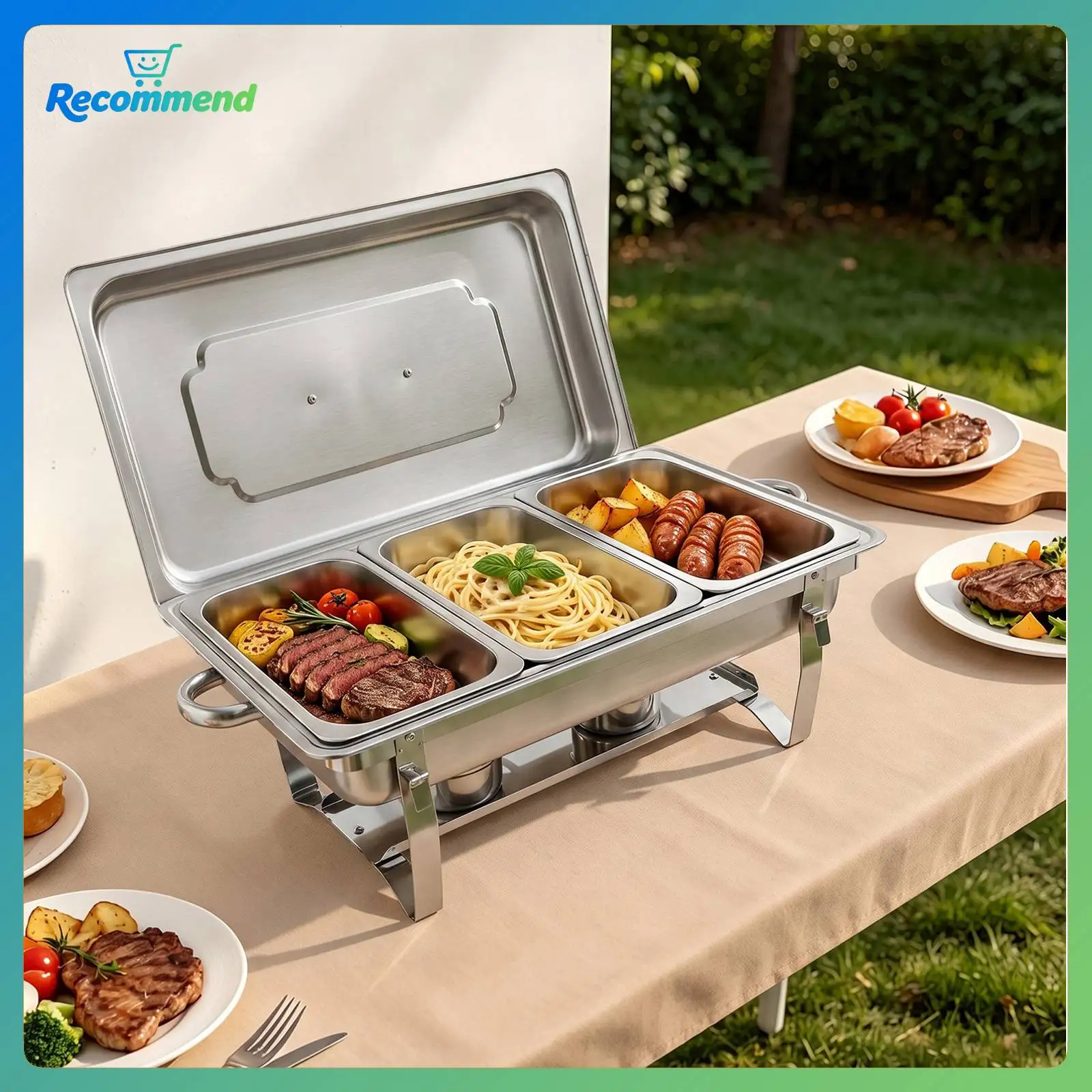 Plat de réchauffage, chauffe-plats pliable à 3 compartiments, plateau de service pour buffet en acier inoxydable, durable, facile à utiliser, maintient les aliments au chaud ou au froid, design moderne pour les événements de restauration, utilisation à domicile et en restaurant