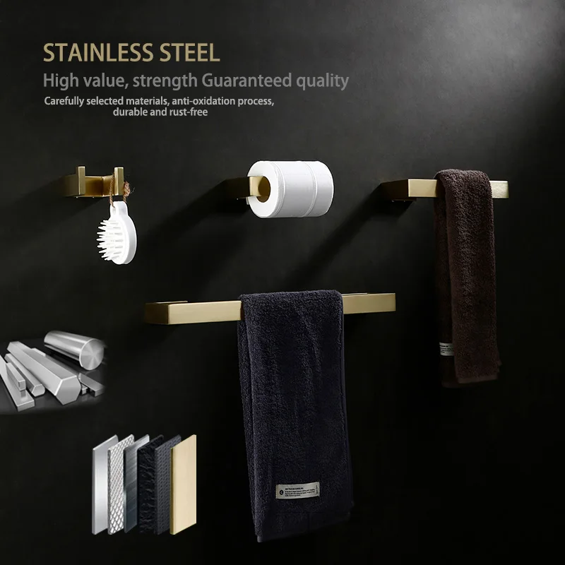 Brushed Gold Bathroom Accessories Set Stainless Steel Toilet Roll Holder Wall Mount Robe Hook Paper Bar Towel Rack for Bathroom