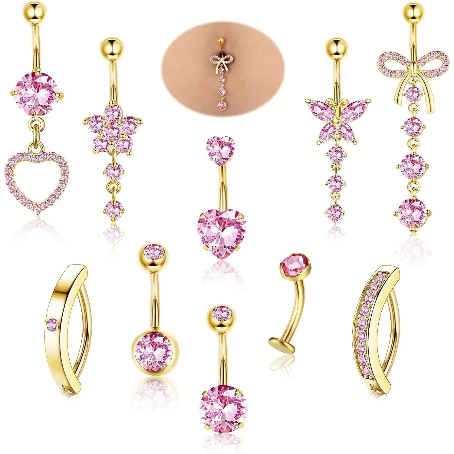 10 Pcs Surgical Steel Belly Button Rings Set for Women 14G Heart Flower Butterfly Curved Navel Barbell Gold Silver Plated Hypoallergenic Body Piercing Jewelry Summer Beach Bikini Outfit Birthday Holiday Gift Piercing Accessories