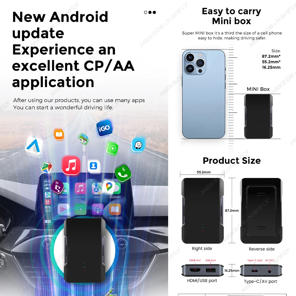 شحن MEKEDE من أندرويد الأمريكية مغلق صندوق AI لعب السيارة اللاسلكي Avired + نظام التشغيل التلقائي Android اللاسلكي + مصبوب Andrcid + تطبيق فيديو DLNA