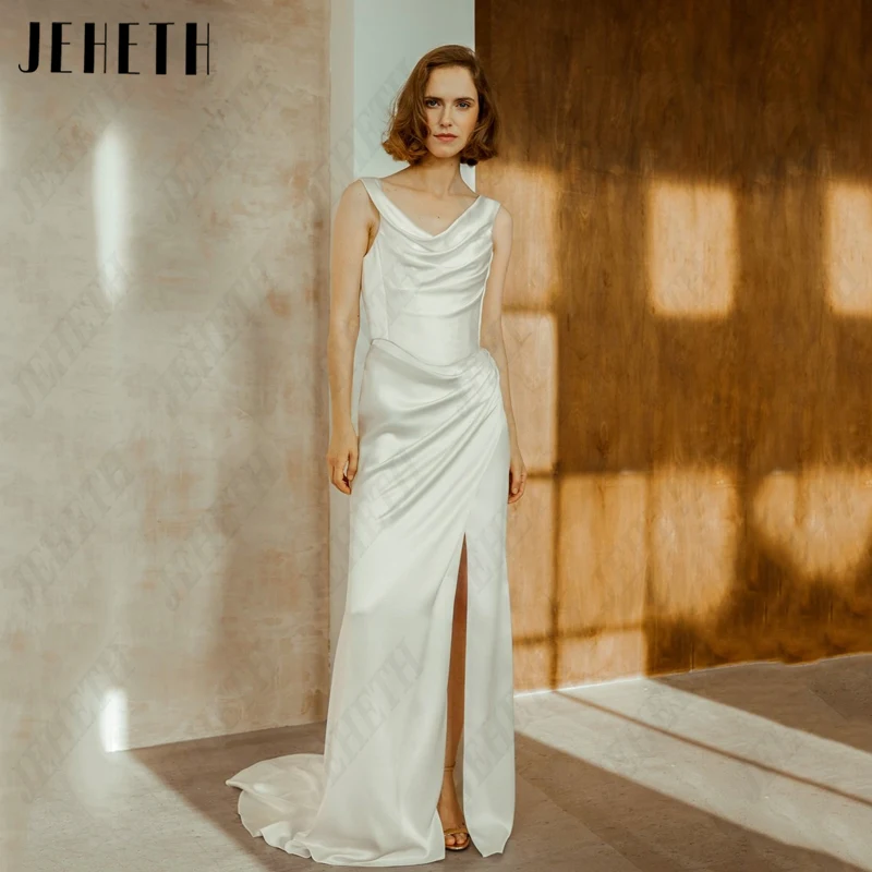 

JEHETH Pleat Mermaid Wedding Dresses Women V-Neck Side Split Bridal Gown Vintage Satin Button Robe De Mariée Sleeveless Backless