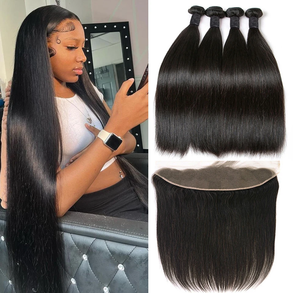 

100% Human Hair Bundles With Frontal Bone Straight Bundles With 13x4 Frontal HD Lace Frontal With Extensions Virgin for Women