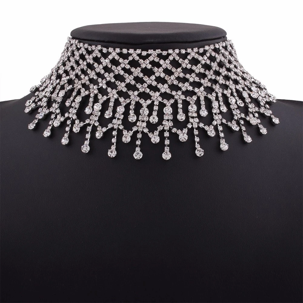 Crystal Rhinestone Tassel Choker Necklace for Women Luxury Neck Tassel New Statement Accessories Crystal Neckalces Party Jewelry