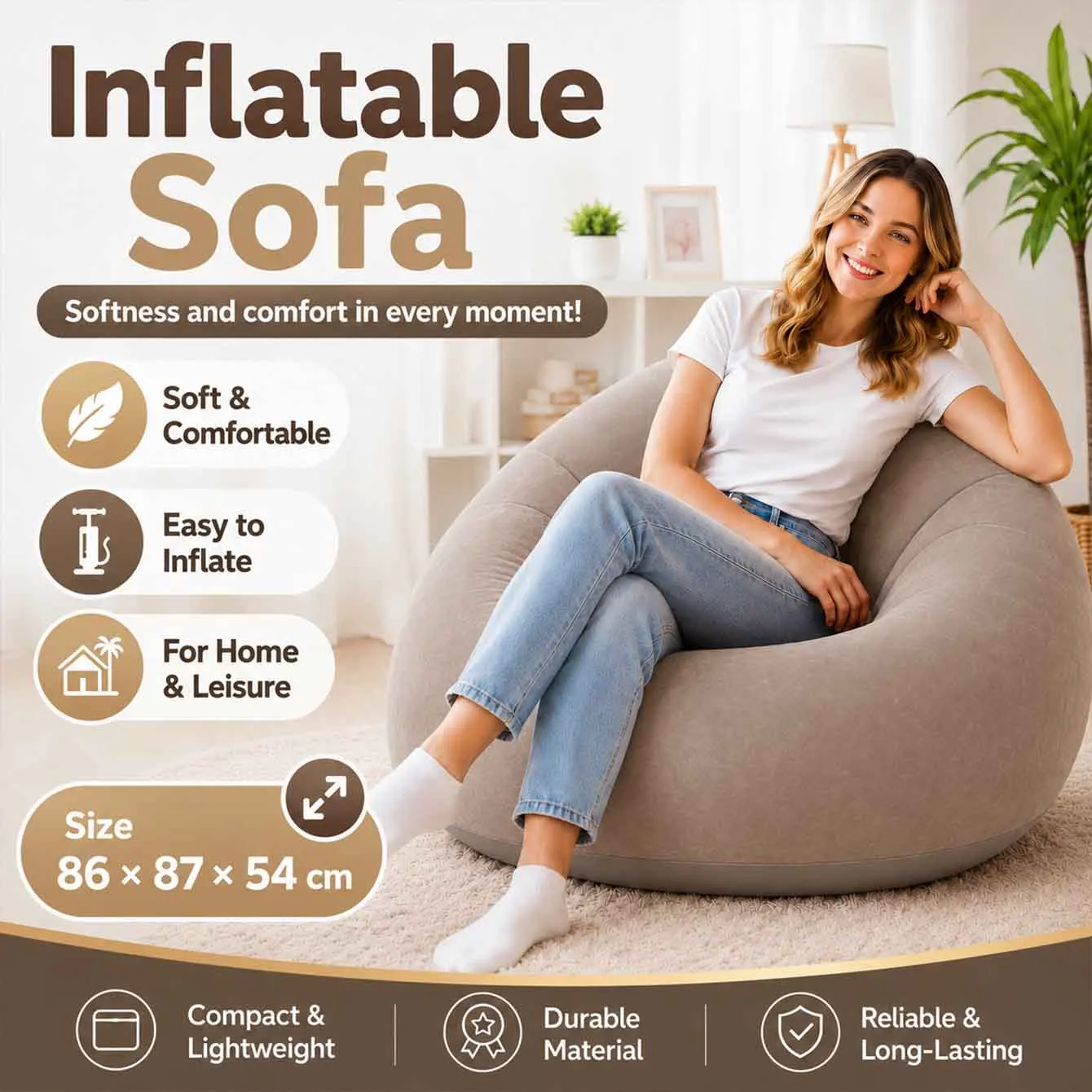 1PC Inflatable Chair, Air Sofa Outdoor Inflatable Lazy Sofa Chair No Filler,Washable Couch Bean Bag Chair Folding