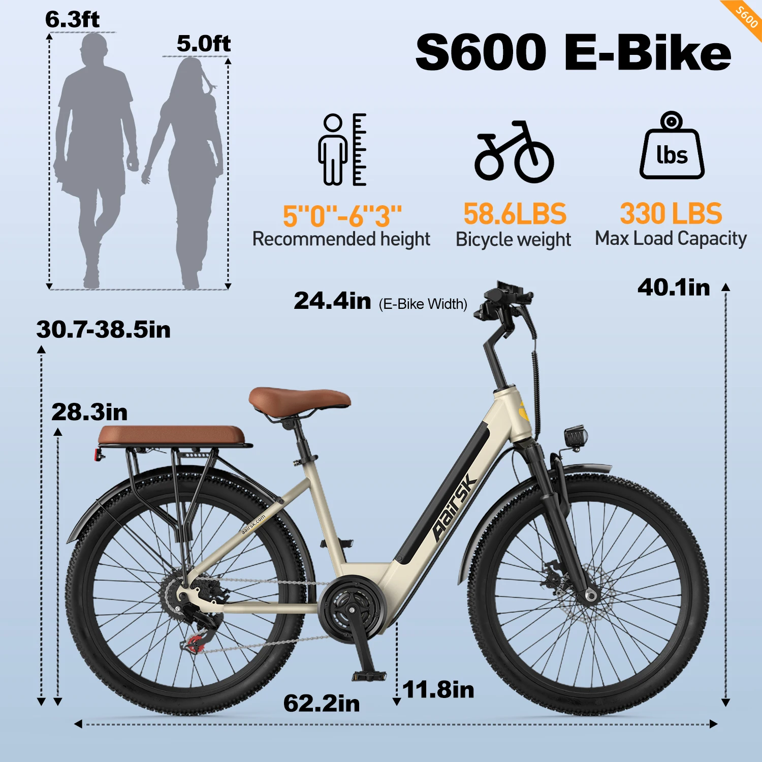 Aairsk S600 elektrische stadsfiets, 26 inch banden, uitneembare accu 36V 13AH, bereik 70 km, 7 versnellingen, met NFC zonder sleutel, motor 250W, 25 km/u, stadsfiets voor volwassenen.