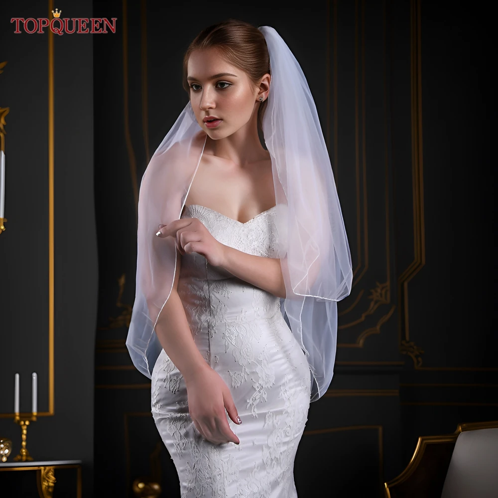 TOPQUEEN-velo de novia V15 de doble capa, velo de novia Simple con peine, borde de lápiz, doble capa, accesorios de boda